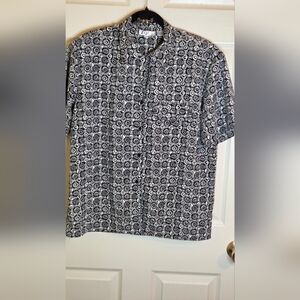 Vtg Fiji Sport M White Black Geometric Print Shrtslv Women Buttons Up Shirt